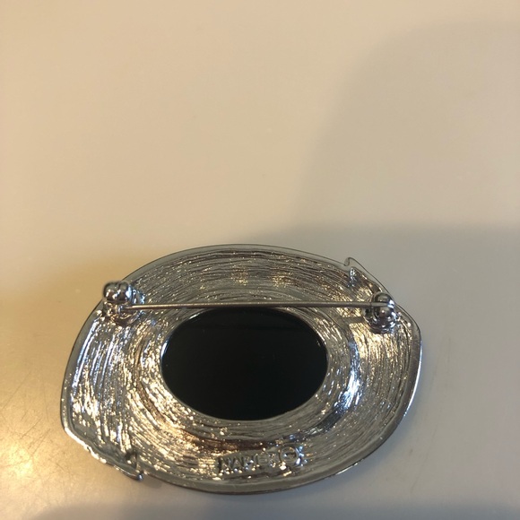 Vintage Napier Brooch faux black cabochon lucite oval silver signed deco - Picture 4 of 5